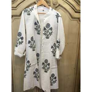 Chaqueta Bomber Reversible Acolchada Estampada a Mano con Diseño de Caléndula Azul Mughal, con Logotipo Personalizado, de Algodón, Estilo Varsity, para Primavera - Product Image 1