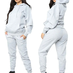 Nuevo estilo logotipo personalizado bordado mujer Casual sólido Regular invierno manga larga polar Sudadera con capucha Jogger pantalones apilados 2 piezas - Product Image 6