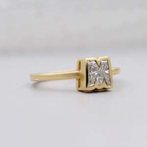 M-Shape <b>Initial</b> Diamond <b>Ring</b> in Yellow Gold - Product Image 2