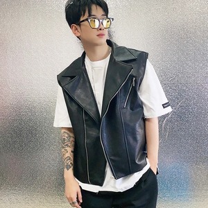 EDGECO New Real Leather High Street <b>Biker</b> Motorcycle Hip Hop <b>Waistcoat</b> Men's Punk Solid Black Sleeveless Loose Eco-Friendly - Product Image 1