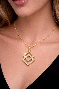 Collier pendentif géométrique fait main en argent sterling 925 plaqué or rose 14 carats avec zircon brillant étincelant, cadeau - Product Image 2