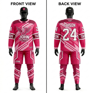 Uniforme de Hockey sobre Hielo para Hombre, Tela Interlock de Poliéster Premium de 180 GSM, Diseño de Paneles Diagonales Rosa y Blanco, Logotipo del Equipo Personalizado por Sublimación - Product Image 1