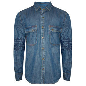Chemises pour hommes Chemises à manches courtes avec logo personnalisé Chemise en jean décontractée OEM de couleur unie à double boutonnage pour hommes et femmes - Product Image 4