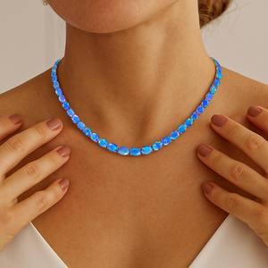 Collar de Tenis con Gema Ovalada de Ópalo Etíope Azul Genuino, Plata de Ley 925, Chapado en Oro de 14k, Certificado IGI, para Niños y Mamá - Product Image 5