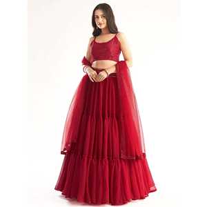 Lehenga Choli de Diseñador en Georgette con Dupatta, Color Rojo con Lentejuelas, para Vestimenta de Boda - Product Image 5