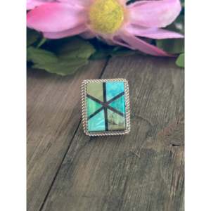 Carico Lake <b>Turquoise</b> Sterling Silver Inlay <b>Ring</b> Size 7.5-Fine Gemstone Jewelry for Everyday Wear - Product Image 1