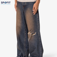 Jeans Rectos de Alta Calidad para Hombre, Estilo Urbano, Lavado a la Piedra, Desgastados, con Logotipo Bordado en la Cintura, 100% Algodón