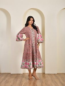 Vestido de algodón estampado a mano para mujer, vestido midi de manga larga, venta al por mayor directa de fábrica, fabricante de ropa OEM, pedidos al por mayor - Product Image 2