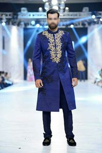 STUNNING EMBROIDERY on GROOM NAVY-SHERWANI,<b>PANT</b> & MATCHING SHOE WITH EMBELLISHED CRYSTAL GLASS BEADS,DABKA WORK for WEDDING=2024 - Product Image 2