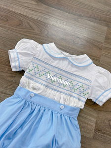 2024 collection été bleu smocké barboteuses bébé garçons filles bulle à manches courtes col claudine bébé maison vêtements - Product Image 2