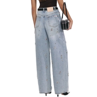 Jean en denim déchiré à taille mi-haute pour femme, motif floral uni, respirant, coupe droite, avec boutons, fermeture éclair, rivets et sequins