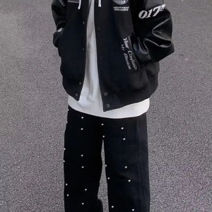 American Style Embroidered Lapel Baseball Cap Splice Pu Leather <b>Jacket</b> for Men <b>Women</b> Casual Loose Fit <b>Jacket</b> - Product Image 3