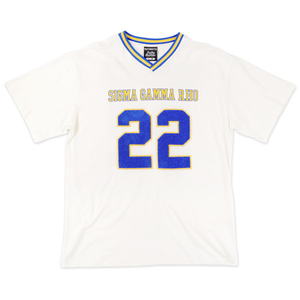 Sigma Gamma Rho Oversized Football Jersey Tee Ivory Womens Greek Letter <b>Shirt</b> SGR Chenille Number Top Casual Fit - Product Image 1