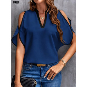 Chemisier en crêpe importé à manches courtes et col en V pour femme, 38349 - Bleu marine - Product Image 1