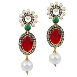 Kriaa Pendientes colgantes de perlas de piedra austriaca roja 1305932 - Product Image 1