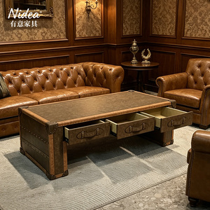 Tavolino da Caffè di Lusso in Pelle Vintage con 3 Cassetti, Stile Campagna Fatto <span class=keywords><strong>a</strong></span> Mano per Bar Domestico e Soggiorno, Angoli e Rivetti in Ottone - Product Image 3