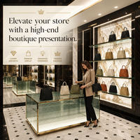 Vitrine de Luxe pour Sacs à Main de Marque avec Îlot Central Doré et Table en Verre – Ensemble de Mobilier Haut de Gamme pour Magasin de Détail – Présentoir pour Sacs de Créateurs