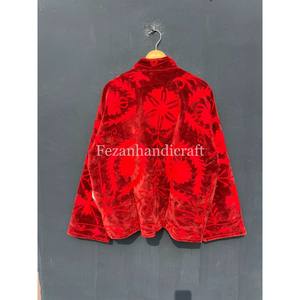 Maroon Velvet Floral Embroidered Suzani Quilted Quick Dry Women's Vintage Party Wear Jackets Hand <b>Stitch</b> Cotton Lining Two Side - Product Image 5