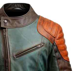 Nouvelle veste en cuir pour homme, style vintage, moto, effet usé, tendance, vert brun, véritable peau de mouton, col montant, fermeture éclair - Product Image 3