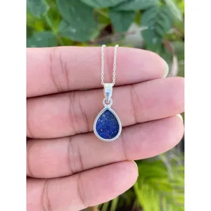 925 <b>Silver</b> Pear Lapis Lazuli Pendant <b>Necklace</b> with Bezel Setting Inlay Technology - Product Image 4