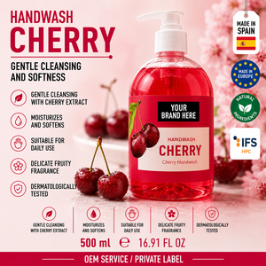 Savon liquide pour les mains à la cerise en marque privée 500ml OEM |   Savon pour les mains vegan aux fruits |   Espagne UE - Product Image 1