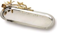 Plateau en argent martelé à la main ovale contemporain antique avec poignées dorées