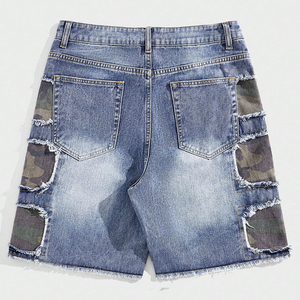 Premium Quality <b>Men</b> Streetwear 2025 Custom Washed Distressed <b>Camo</b> Patchwork Zipper Fly Denim Jean <b>Shorts</b> OEM Serviced - Product Image 2