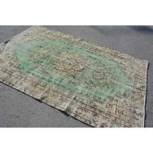 Vintage <b>Turkish</b> <b>Rug</b> 5.2 X 8.1ft Green Beige Wool Patchwork Design Latex for Home Living Bedside Rectangular Hallway Tabriz - Product Image 2