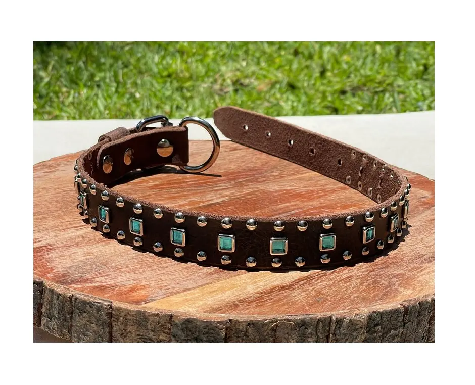 High Quality Turquoise Square crystals Rustic Leather 1" inch wide Western Collar For Farm Cattle Show Dog