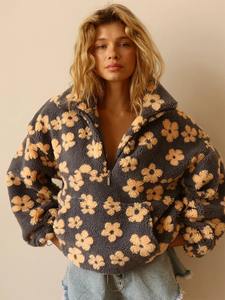 New Autumn Winter <b>Women's</b> Sherpa Floral Pullover Hoodies <b>Half</b> <b>Zip</b> Style Loose Fit Warm Stylish Sweatshirt - Product Image 6