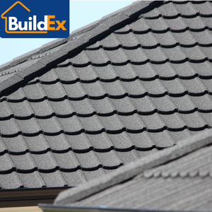 Precio al por mayor, teja metálica recubierta de piedra <span class=keywords><strong>Tudor</strong></span> gris oscuro, uso al aire libre, teja galvanizada para África, casa de autoconstrucción - Product Image 1