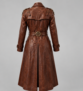 Women Leather Trench Coat With <b>Vintage</b> Belt And <b>Button</b> Design - Product Image 5