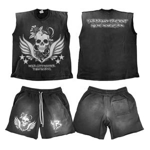 Custom Two Piece Set Sportswear T Shirt Tank Top Shorts and Shirts Acid <b>Wash</b> Distressed Sleeveless Raw Hem Men 2 Piece Short Set - Product Image 5