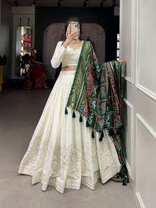 Lucknowi <b>Mirror</b> Work Lehenga Choli <b>White</b> Color for Women Indian & Pakistani Collections - Product Image 3