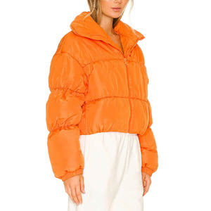 Women's O-Neck <b>Cropped</b> Puffer <b>Jacket</b> with Breathable Nylon Lining Winter <b>Orange</b> Coat for Outdoor Use - Product Image 2