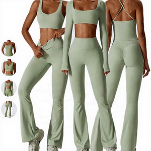 Women Yoga Set Solid Green 2 Piece High Waist Flared Leg Pants <b>Square</b> <b>Neck</b> <b>Long</b> <b>Sleeve</b> Crop <b>Top</b> Seamless Workout Clothes - Product Image 1