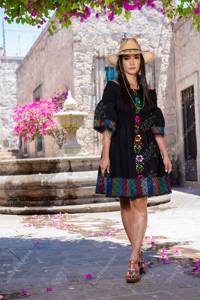 Diseño de bordado mexicano Ropa de arte popular Otomi Bird Cloth Floral All Over Printed Customized Short Sleeve Bodycon Dress - Product Image 2