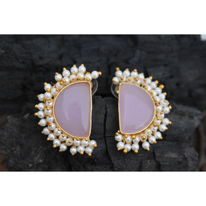 new designer latest fashion trending goldplated light <b>weight</b> stone stud <b>hoop</b> Brass Earrings for girls and women - Product Image 1