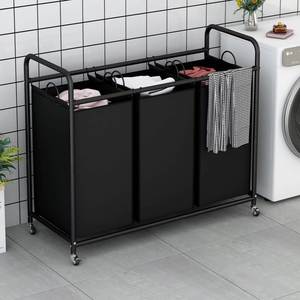3-Bag <b>Laundry</b> Sorter <b>Laundry</b> Hamper Cart <b>with</b> Heavy Duty Rolling Lockable <b>Wheels</b> and Removable Bags (Black) - Product Image 6