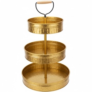 Best Selling 3-Tier Antique Copper Iron Metal Serving Tray Stand With <b>Wooden</b> Handle <b>And</b> <b>Black</b> Poll In Center Round Shape - Product Image 2