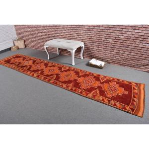 Turkish Vintage <b>Runner</b> Rug 2.6x12.2 ft, <b>Red</b> Orange Plants & trees Wool Rug - Product Image 2