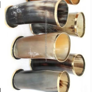 Culbuteur de corne unique en verre à liqueur naturel de buffle et de corne de boeuf Base authentique Viking médiéval de Falak World Export - Product Image 1