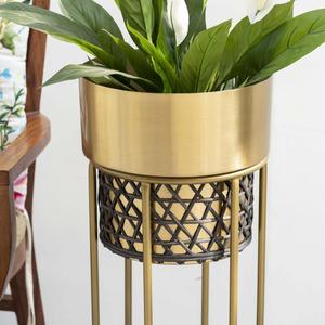 Hot Selling Rattan Cane <b>Net</b> Planters with Black and Gold Iron Stand Flower Pot Handmade Flower Pots Decorative Planter - Product Image 1