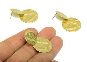 Boucles d'oreilles rondes en laiton martelé Boucles d'oreilles en cercle texturé à double poteau - Product Image 3