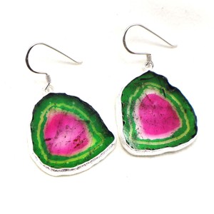 925 plata esterlina sandía Bio Color turmalina rebanada Clip-On pendientes boda adecuado - Product Image 1