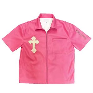 Chemises en cuir pour hommes Streetwear Design Chemises en cuir à manches courtes pour hommes Hip Hop Zip up Streetwear T-shirts à épaules tombantes - Product Image 2
