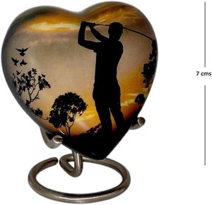 Classic Heart Shape <b>Keepsake</b> Aluminium Urn for Human Ashes with <b>Box</b> and Stand Peaceful Golfer Design 7 Cms High Handmade Product - Product Image 6