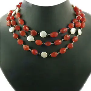 Collier classique tendance en perles de cornaline rouge pour femmes, bijoux en pierres précieuses à 3 rangs avec rubis et perle d'eau douce, style religieux, cadeau - Product Image 1