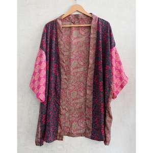 Women Plus Size Breathable Knee Length Short <b>Silk</b> <b>Kimono</b> Robe Patchwork Indian Print Lounge Wear - Product Image 1