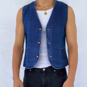 Último diseño logotipo personalizado hombres de alta calidad al por mayor Casual 100% Biker algodón Denim chaleco transpirable hombre Jeans chaleco para niños - Product Image 6